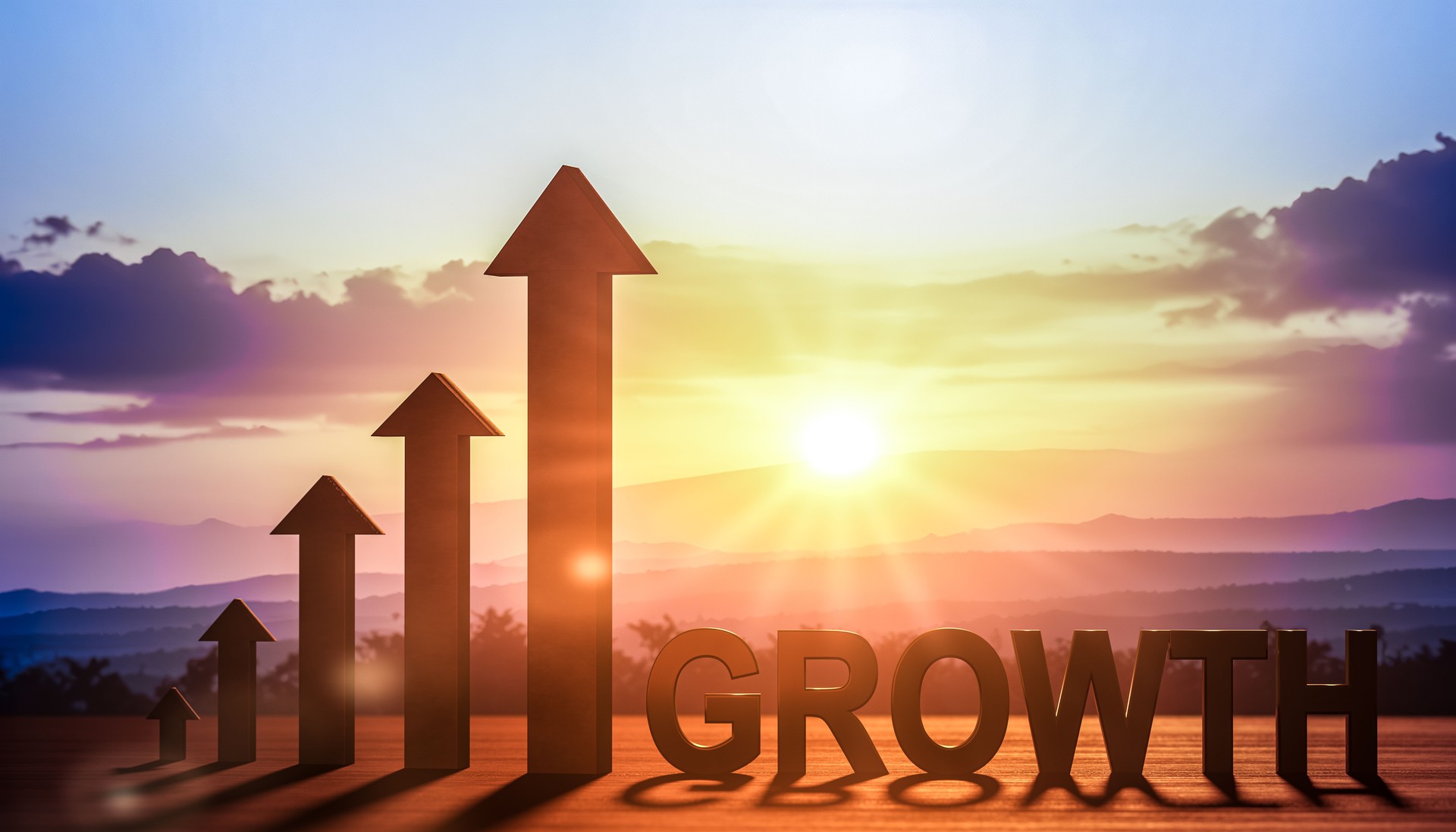 Growth of economic indicators on sunset. economic and financial growth. growth chart web banner. Financial data concept. Bar chart and growing up